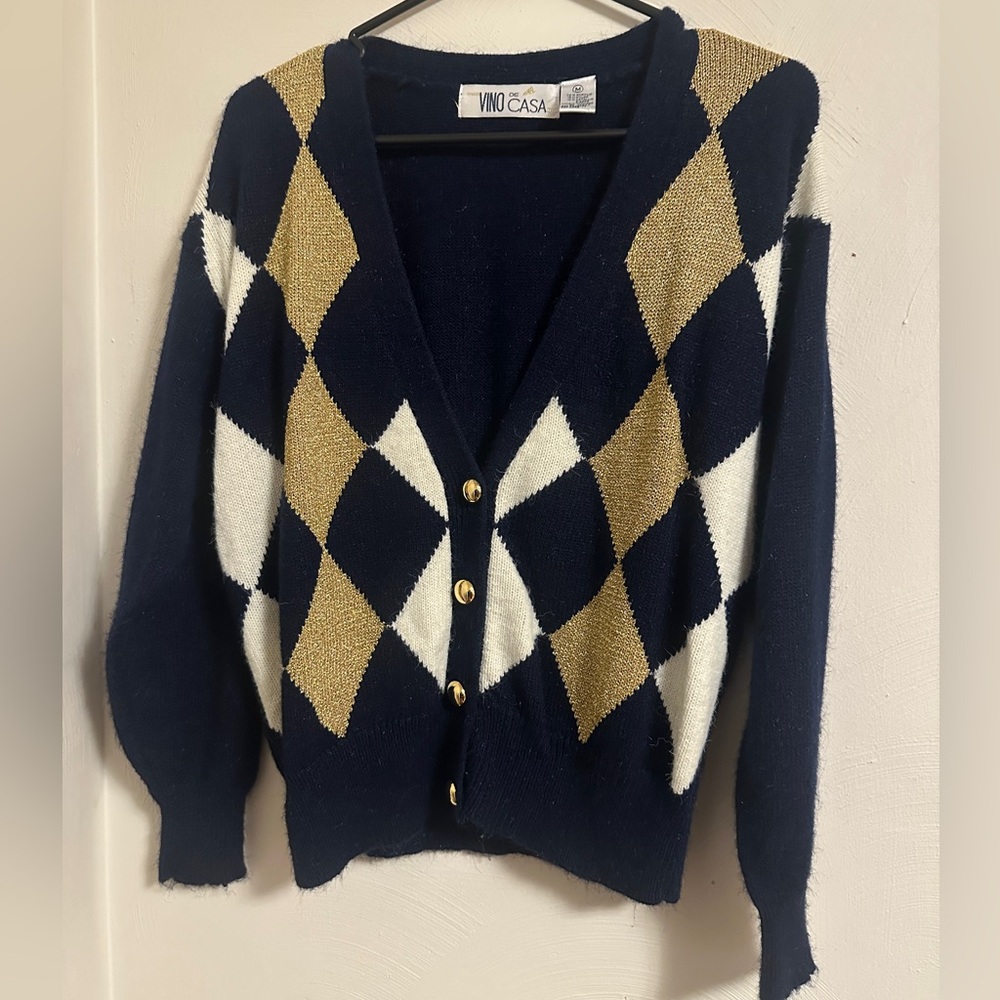 Vintage Vino De Casa Navy Argyle Cardigan